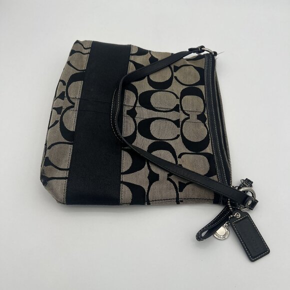 Coach Black & Tan Signature C Jacquard Fabric Shoulder Bag With Leather Trim - Picture 2 of 5